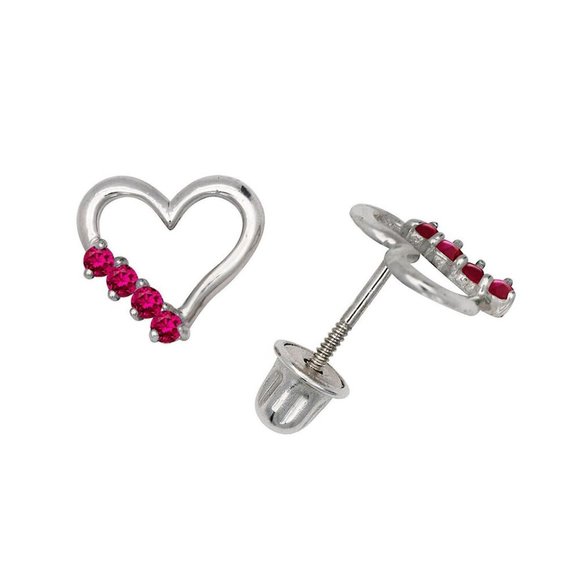 14K Solid White Gold Open Heart Love Screw Back Earrings Set With Birthstones - Picture 5 of 7